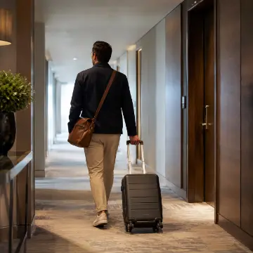 Persona che viaggia con trolley e borsa in un hotel